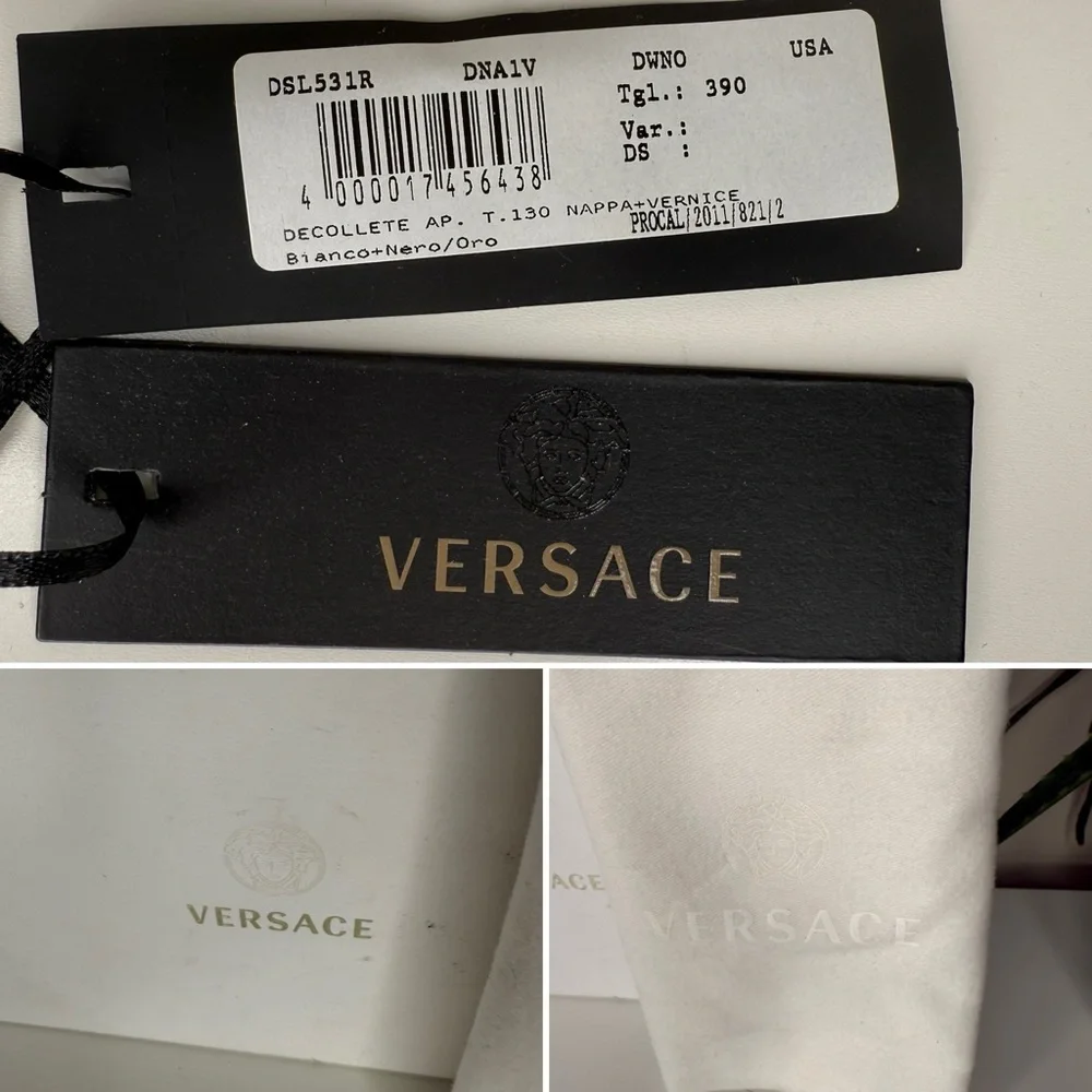 Versace White Nappa Leather Peep Toe Heels 39 Black Patent Gold Pumps DSL531R - Picture 14 of 15